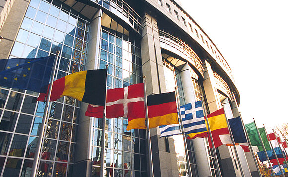 Flaggen der Mitgliedsländer vor dem europäischen Parlament in Brüssel.